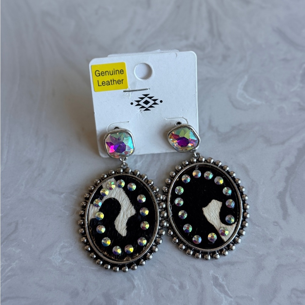 Black Genuine Leather Oval Statement Earrings with Iridescent Rhinestones New